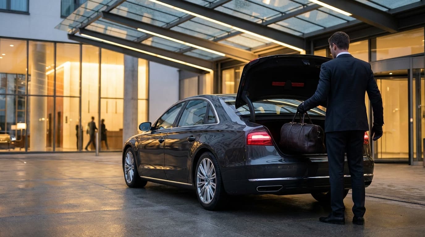 Chauffeur wacht met de bagage voor de entree van een hotel