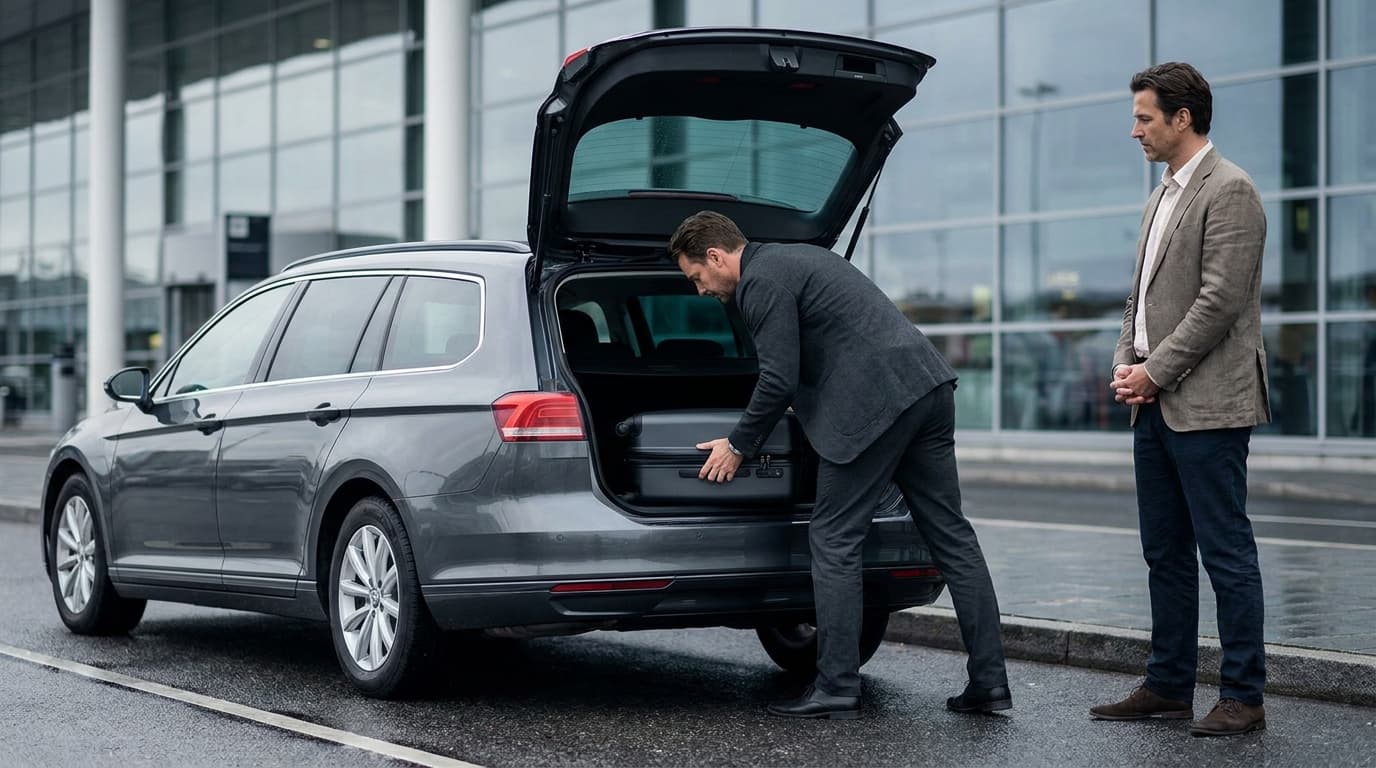 Chauffeur tilt een koffer in de kofferbak bij de vertrekhal van een luchthaven