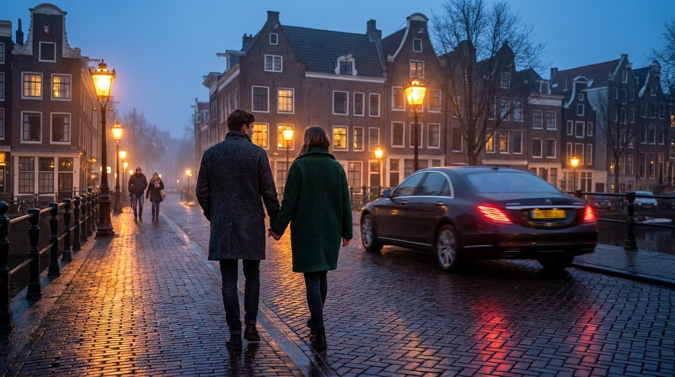 Stel loopt in de avond over natte klinkers naar een wachtende taxi