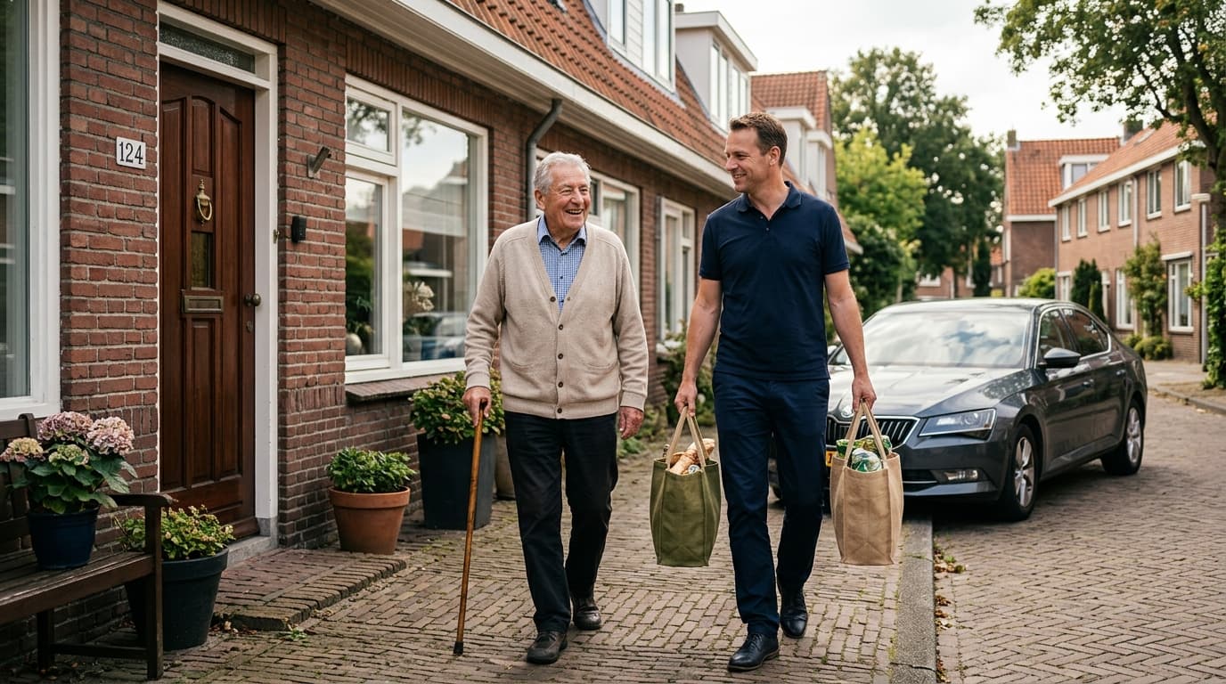 Chauffeur draagt boodschappentassen naast een oudere man op weg naar de voordeur