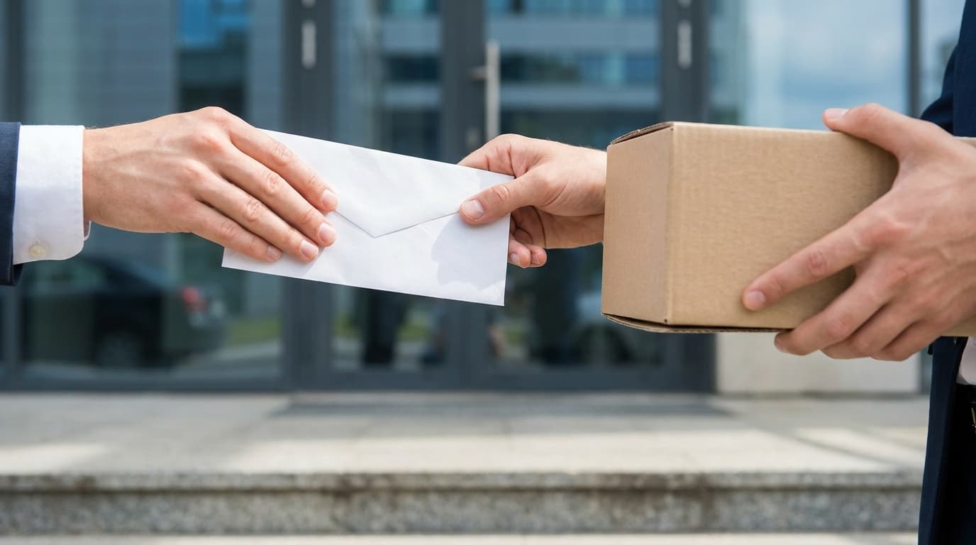 Chauffeur overhandigt een envelop en een pakket bij een bedrijfsingang