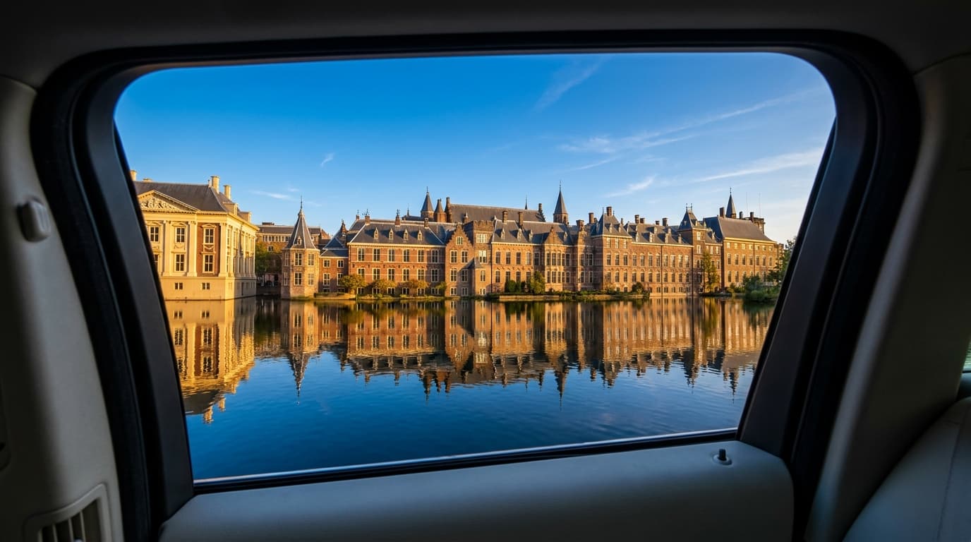 Uitzicht vanuit een taxi op het Binnenhof en de Hofvijver in Den Haag
