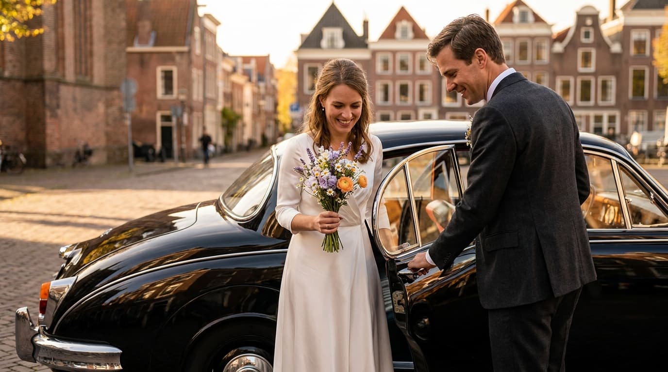 Bruidspaar stapt in bij een klassieke donkere trouwauto