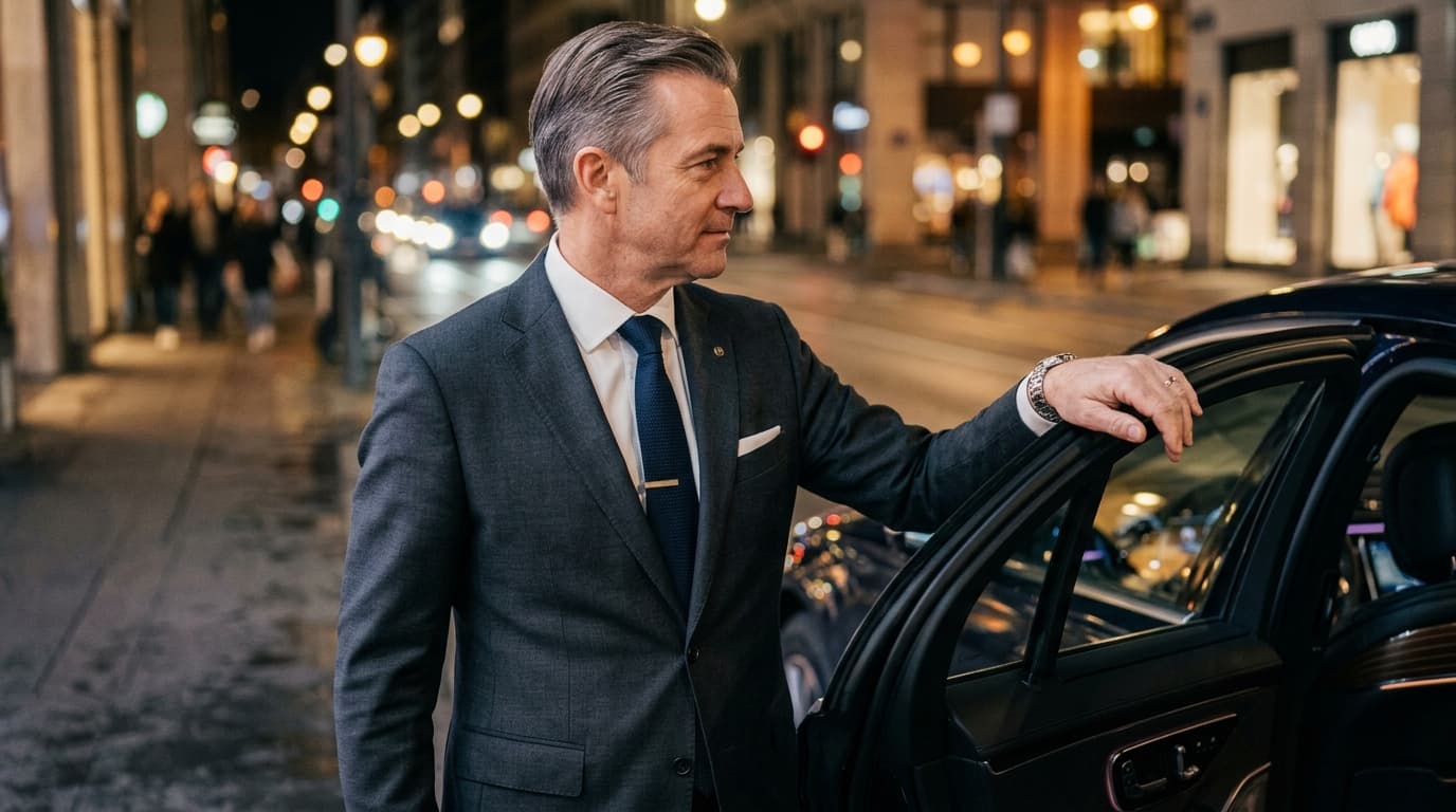 Chauffeur houdt het portier open van een verzorgde donkere auto