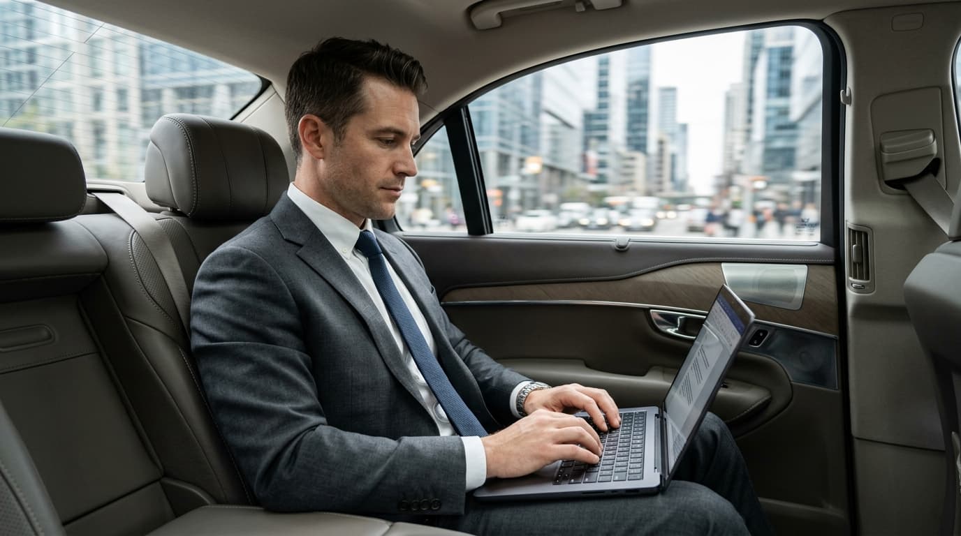 Zakelijke reiziger werkt op een laptop op de achterbank van een taxi