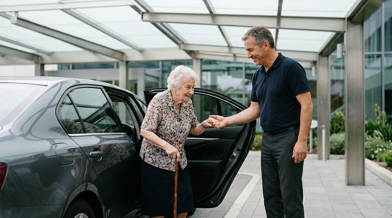 Chauffeur helpt een oudere vrouw met wandelstok uitstappen bij de ingang van een ziekenhuis