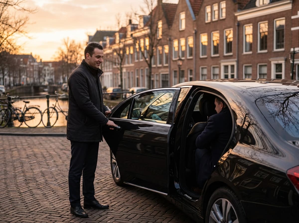 Taxi met chauffeur die een passagier helpt instappen in Pijnacker