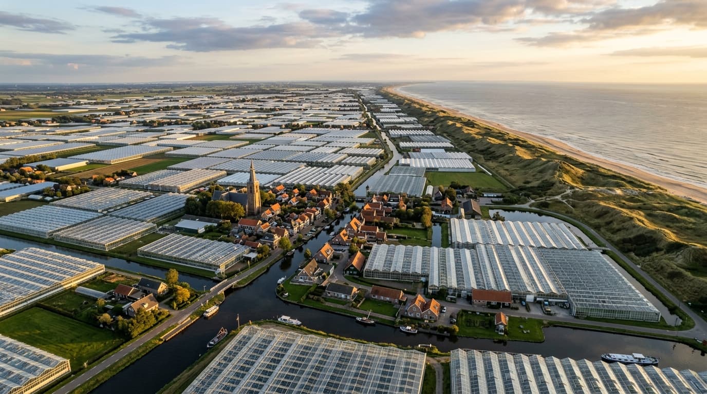 Luchtfoto van het Westland met kassen, een dorp en de kustlijn bij avondlicht